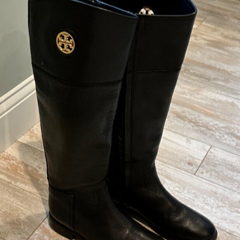 Tory Burch Black Leather Tall Riding Boots with Gold Logo - Picture 14 of 14